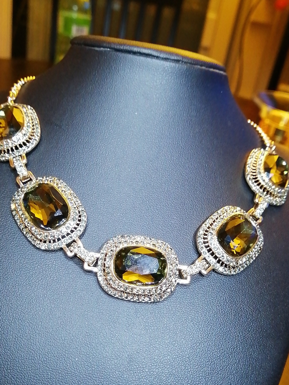 Olive Green Crystal Halo Statement Etereo Necklace
